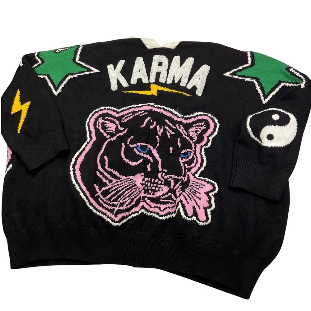 Dressed in LALA Mother Karma Cardigan Oversized Tiger Graphic Knit Sweater S/M